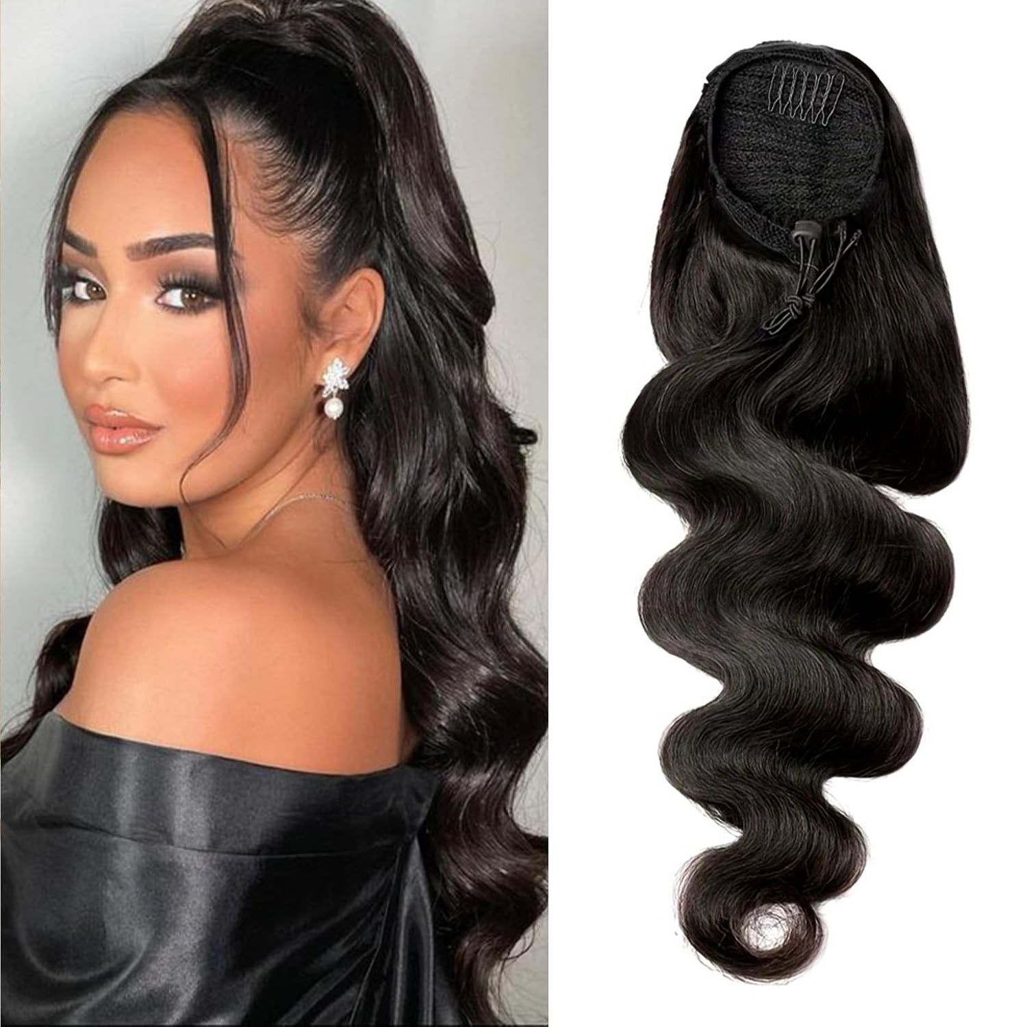 Human Hair blend Body Wave Ponytail with  Human Hair Ponytail for Black Women Natural Color 22 inches
