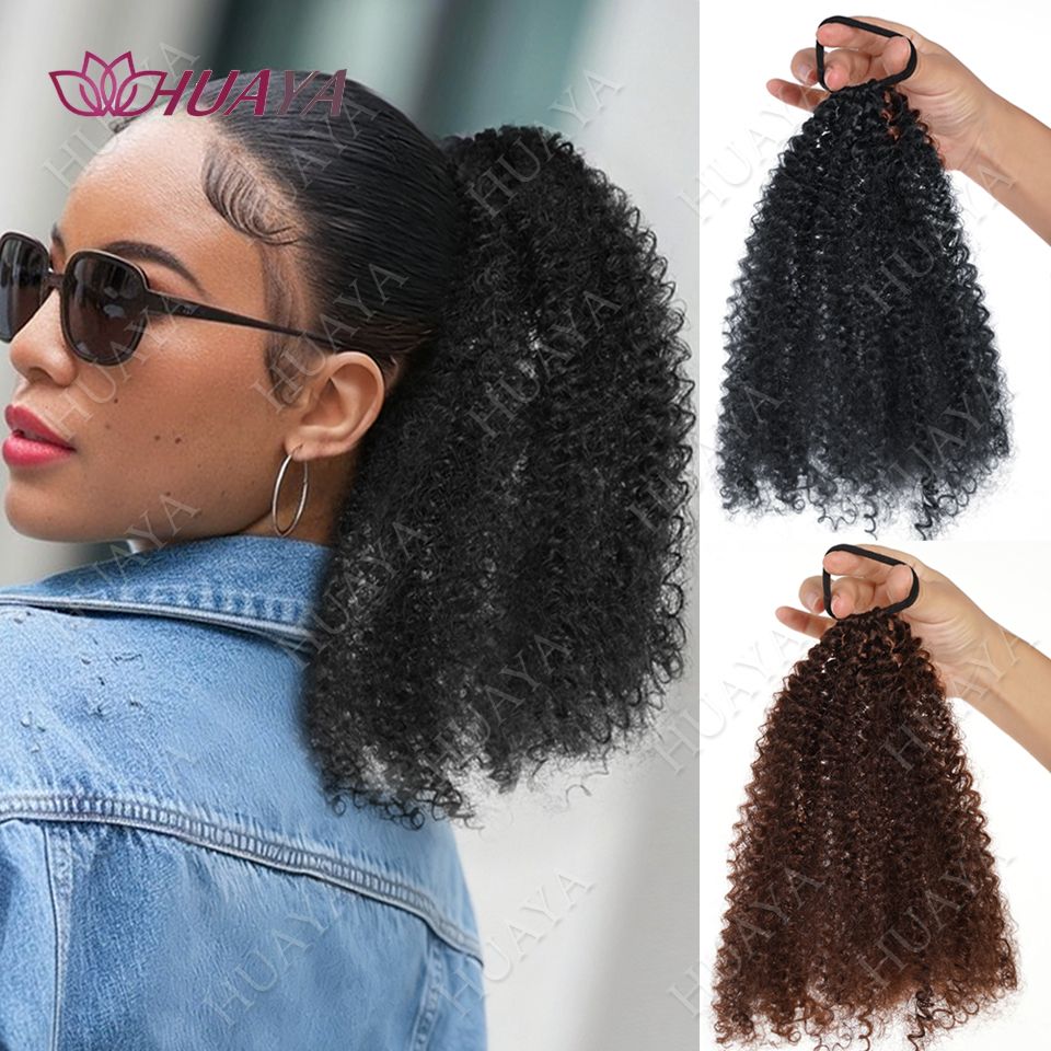Ponytail Extension Wrap Around Pony Tail with Hair Tie 18 inch Synthetic Afro Kinky Curly  Ponytail Hair Piece for woman
