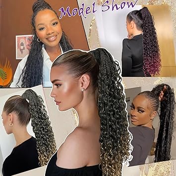 34 inches Goddess Box Braid Ponytail Extension with Elastic Tie Box Braided Ponytail Hair Tie Wrap Around Braid Ponytail Fluffy Soft Synthetic Hairpieces for Women Daily Wear Natural Black 34 inch