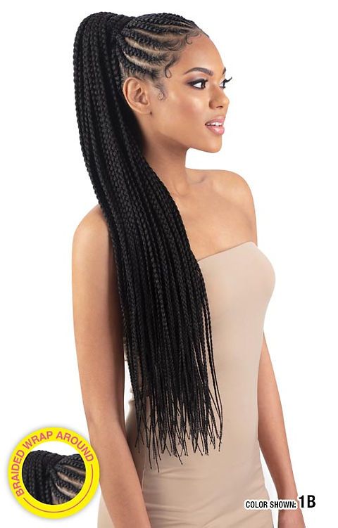 34 inches Goddess Box Braid Ponytail Extension with Elastic Tie Box Braided Ponytail Hair Tie Wrap Around Braid Ponytail Fluffy Soft Synthetic Hairpieces for Women Daily Wear Natural Black 34 inch