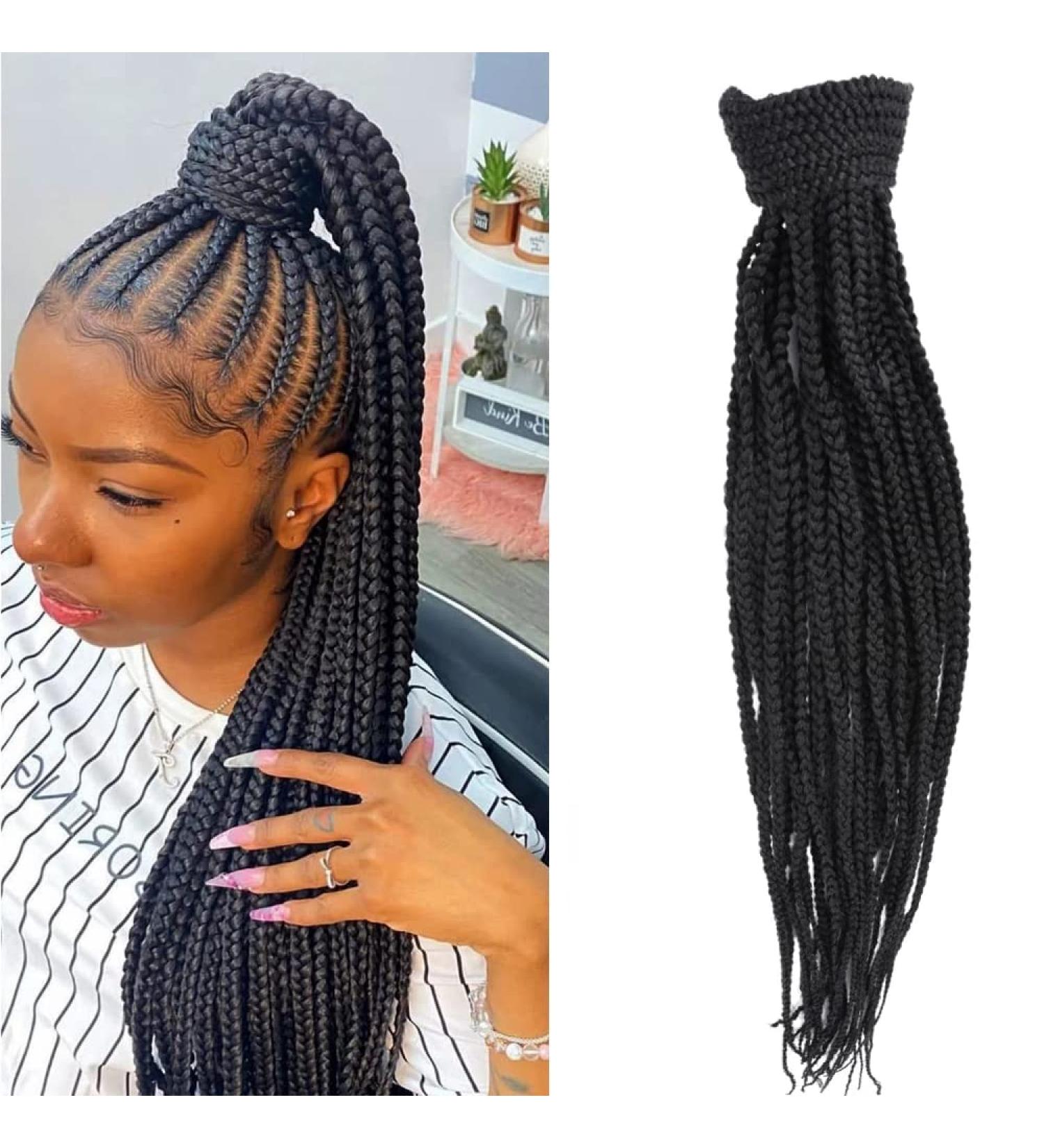 34 inches Goddess Box Braid Ponytail Extension with Elastic Tie Box Braided Ponytail Hair Tie Wrap Around Braid Ponytail Fluffy Soft Synthetic Hairpieces for Women Daily Wear Natural Black 34 inch