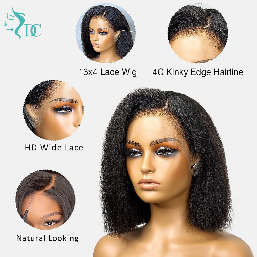 4C Edges Baby Hair Kinky Straight semi Human Hair Wig Glueless Side Part Short Yaki Bob Wig Human Hair Thick End UHD 13x4 and 5x5 Lace Front Wigs
