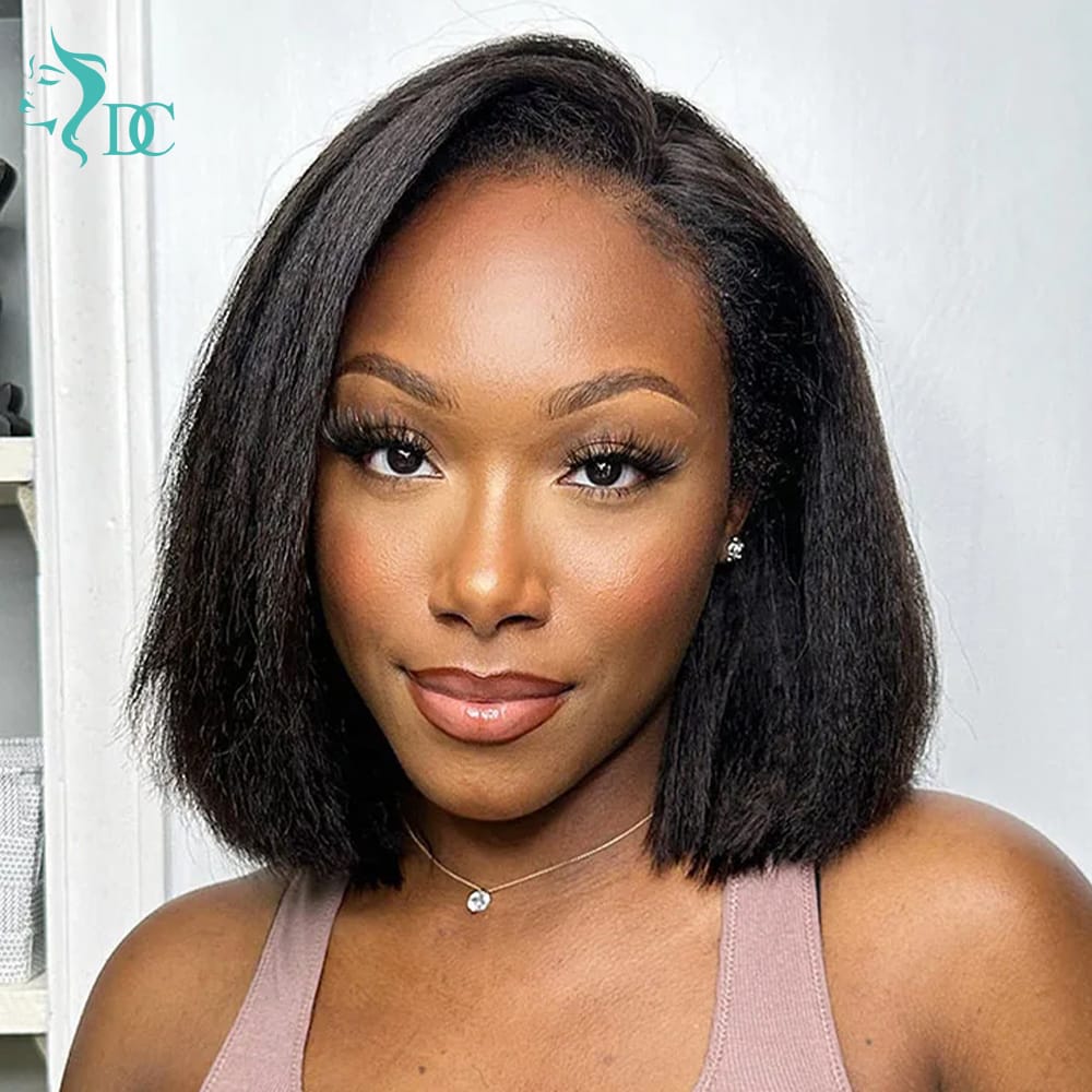 4C Edges Baby Hair Kinky Straight semi Human Hair Wig Glueless Side Part Short Yaki Bob Wig Human Hair Thick End UHD 13x4 and 5x5 Lace Front Wigs
