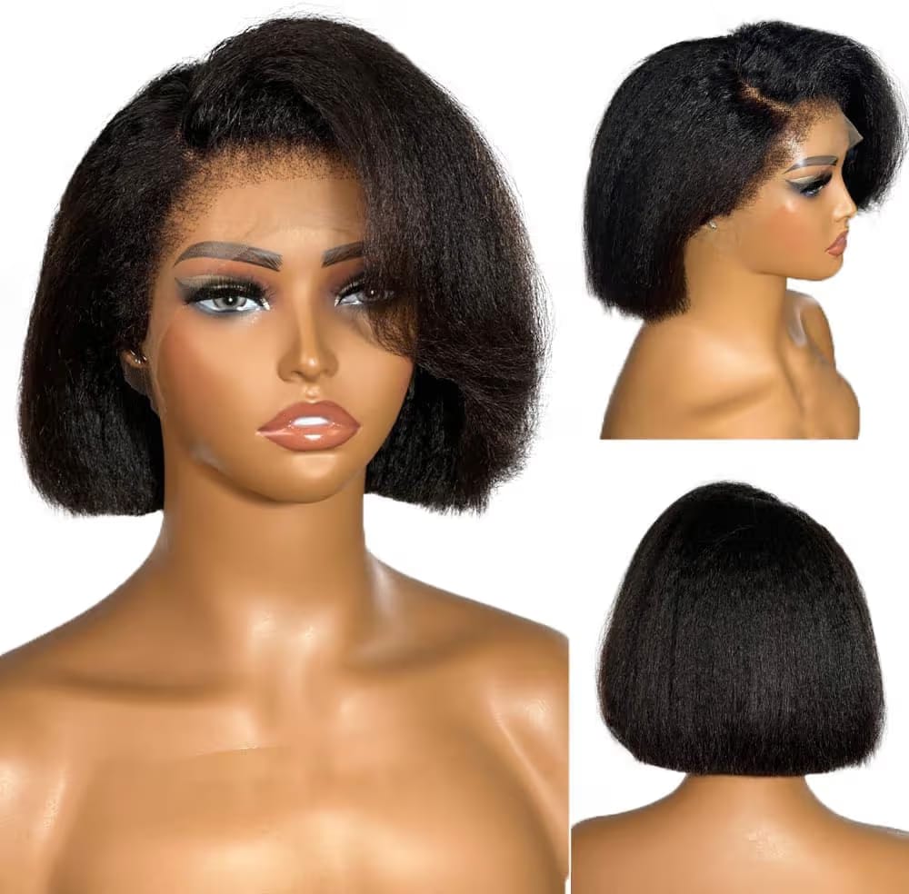 4C Edges Baby Hair Kinky Straight semi Human Hair Wig Glueless Side Part Short Yaki Bob Wig Human Hair Thick End UHD 13x4 and 5x5 Lace Front Wigs