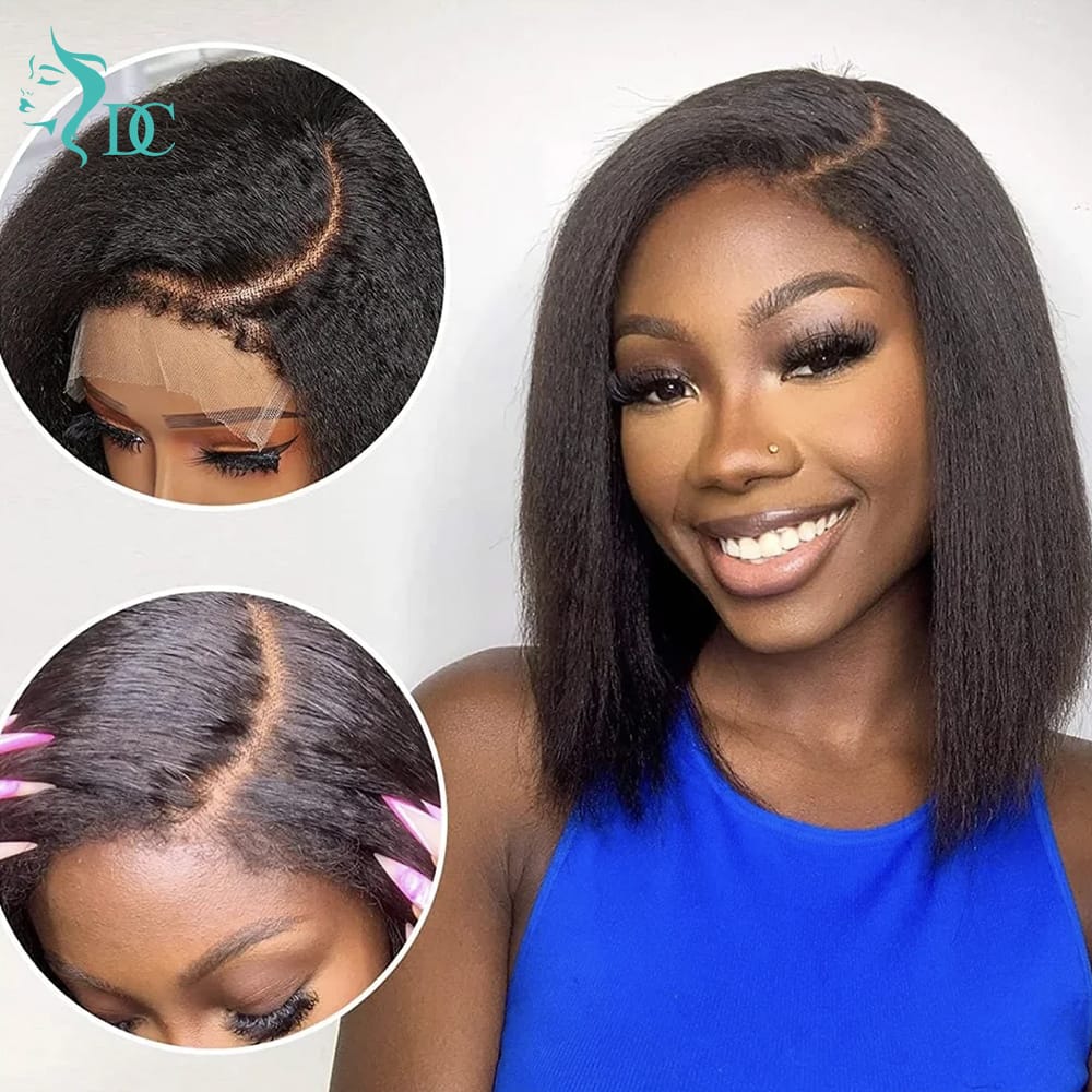 4C Edges Baby Hair Kinky Straight semi Human Hair Wig Glueless Side Part Short Yaki Bob Wig Human Hair Thick End UHD 13x4 and 5x5 Lace Front Wigs