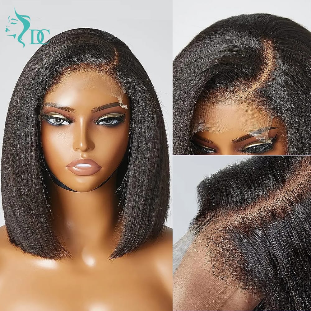 4C Edges Baby Hair Kinky Straight semi Human Hair Wig Glueless Side Part Short Yaki Bob Wig Human Hair Thick End UHD 13x4 and 5x5 Lace Front Wigs