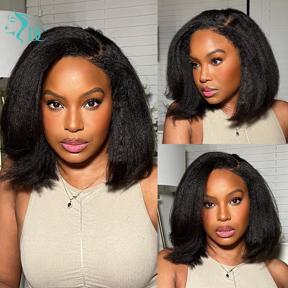 4C Edges Baby Hair Kinky Straight semi Human Hair Wig Glueless Side Part Short Yaki Bob Wig Human Hair Thick End UHD 13x4 and 5x5 Lace Front Wigs