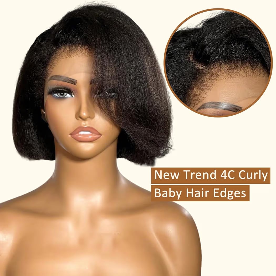 4C Edges Baby Hair Kinky Straight semi Human Hair Wig Glueless Side Part Short Yaki Bob Wig Human Hair Thick End UHD 13x4 and 5x5 Lace Front Wigs