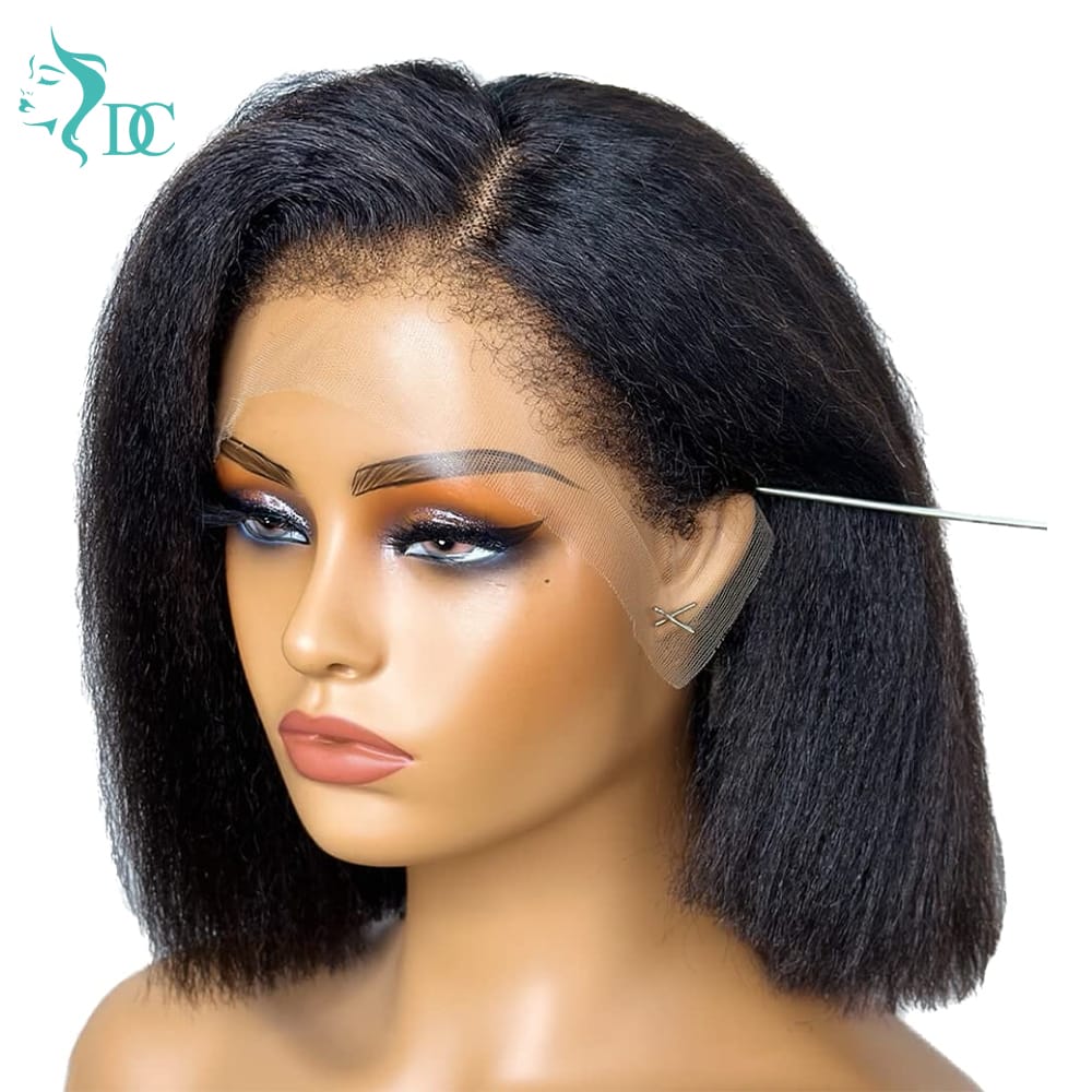 4C Edges Baby Hair Kinky Straight semi Human Hair Wig Glueless Side Part Short Yaki Bob Wig Human Hair Thick End UHD 13x4 and 5x5 Lace Front Wigs