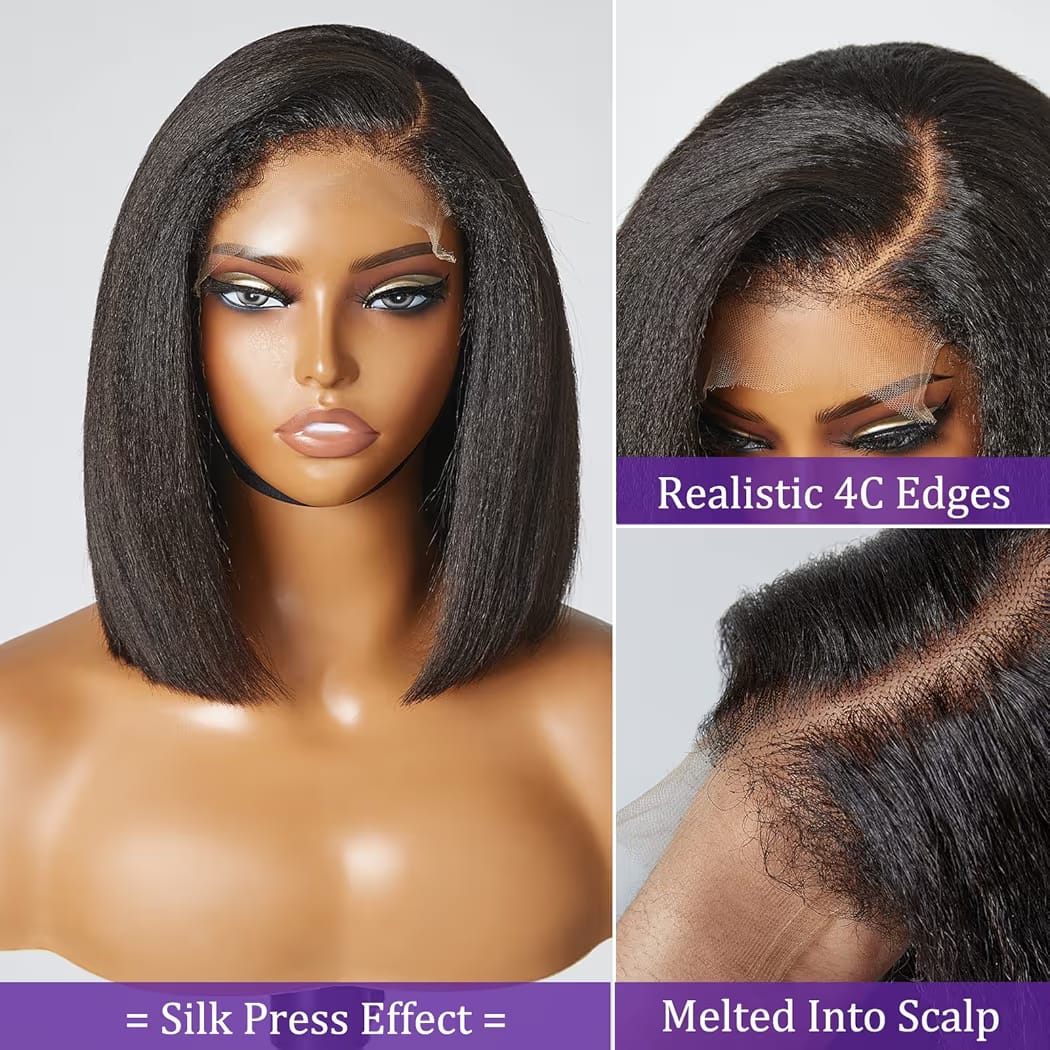 4C Edges Baby Hair Kinky Straight semi Human Hair Wig Glueless Side Part Short Yaki Bob Wig Human Hair Thick End UHD 13x4 and 5x5 Lace Front Wigs