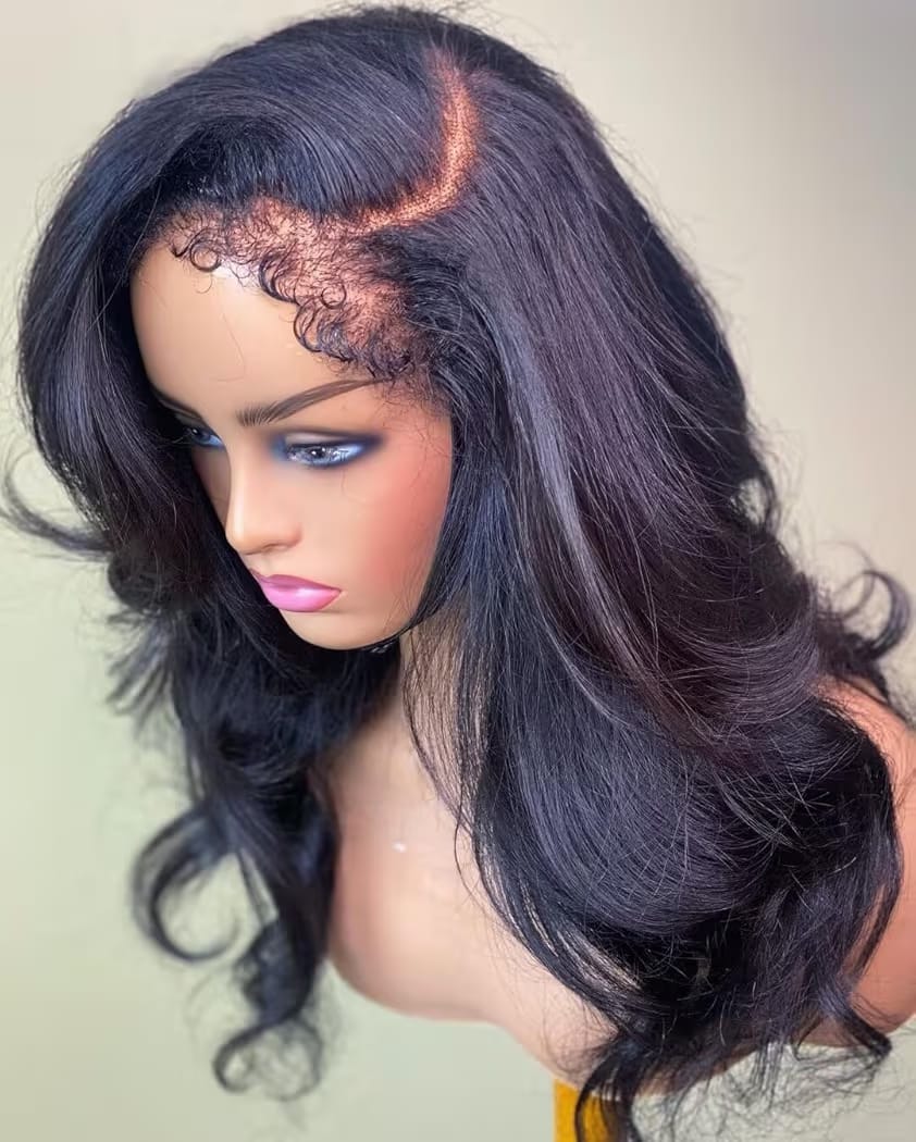 4C Edge bodywave  Human Hair blend  Wigs 13x4   and 5x5 Lace Front Wigs semi Human Hair 180% Density Wig With Curly Edges Baby Hair For Black Women Natural Color 24 Inch