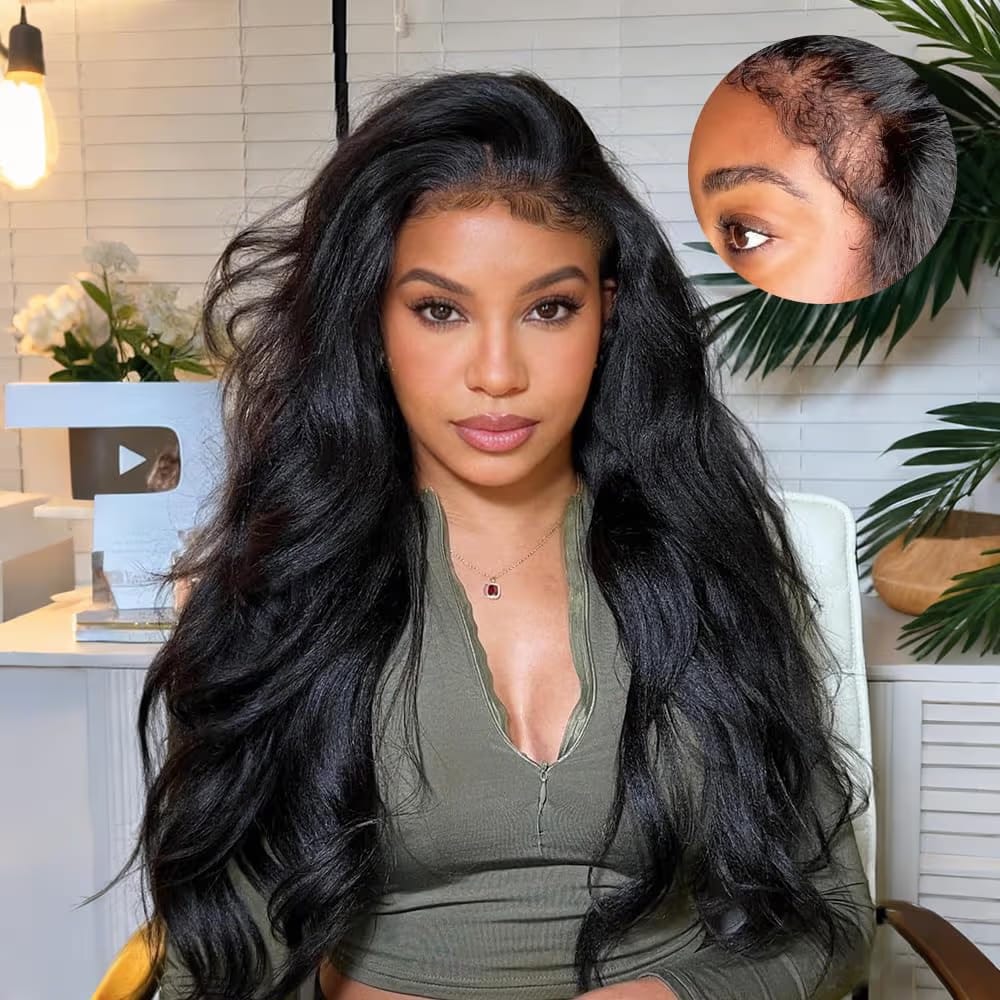 4C Edge bodywave  Human Hair blend  Wigs 13x4   and 5x5 Lace Front Wigs semi Human Hair 180% Density Wig With Curly Edges Baby Hair For Black Women Natural Color 24 Inch
