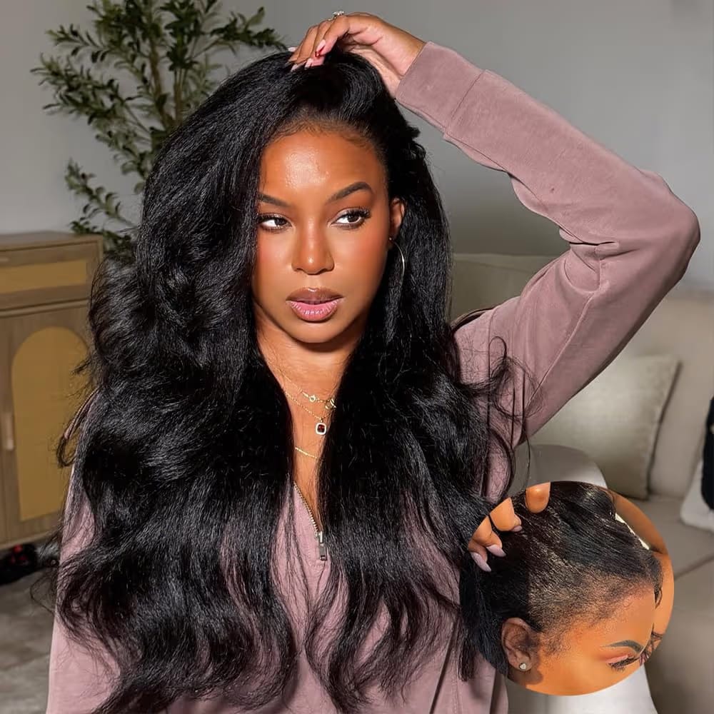 4C Edge bodywave  Human Hair blend  Wigs 13x4   and 5x5 Lace Front Wigs semi Human Hair 180% Density Wig With Curly Edges Baby Hair For Black Women Natural Color 24 Inch