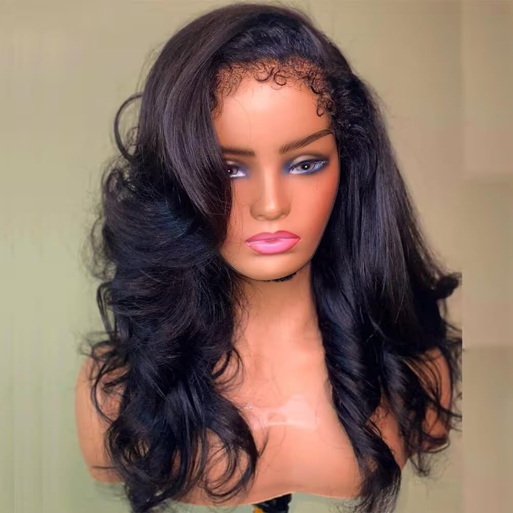 4C Edge bodywave  Human Hair blend  Wigs 13x4   and 5x5 Lace Front Wigs semi Human Hair 180% Density Wig With Curly Edges Baby Hair For Black Women Natural Color 24 Inch