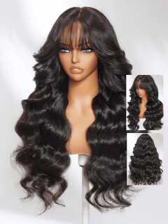 13x4, 4x4  fringe frontal Glueless pure human blend Curtain Bangs Wig , Pre Everything Loose Wave Wigs semi Human Hair, Ready to Wear No Glue, 180% Density 24inch