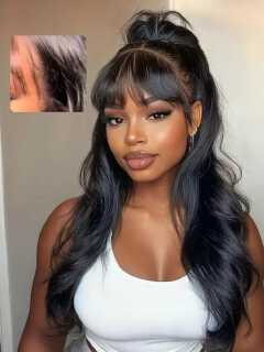 13x4, 4x4  fringe frontal Glueless pure human blend Curtain Bangs Wig , Pre Everything Loose Wave Wigs semi Human Hair, Ready to Wear No Glue, 180% Density 24inch