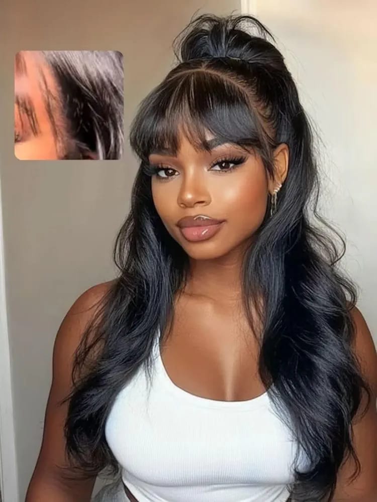 13x4, 4x4  fringe frontal Glueless pure human blend Curtain Bangs Wig , Pre Everything Loose Wave Wigs semi Human Hair, Ready to Wear No Glue, 180% Density 24inch