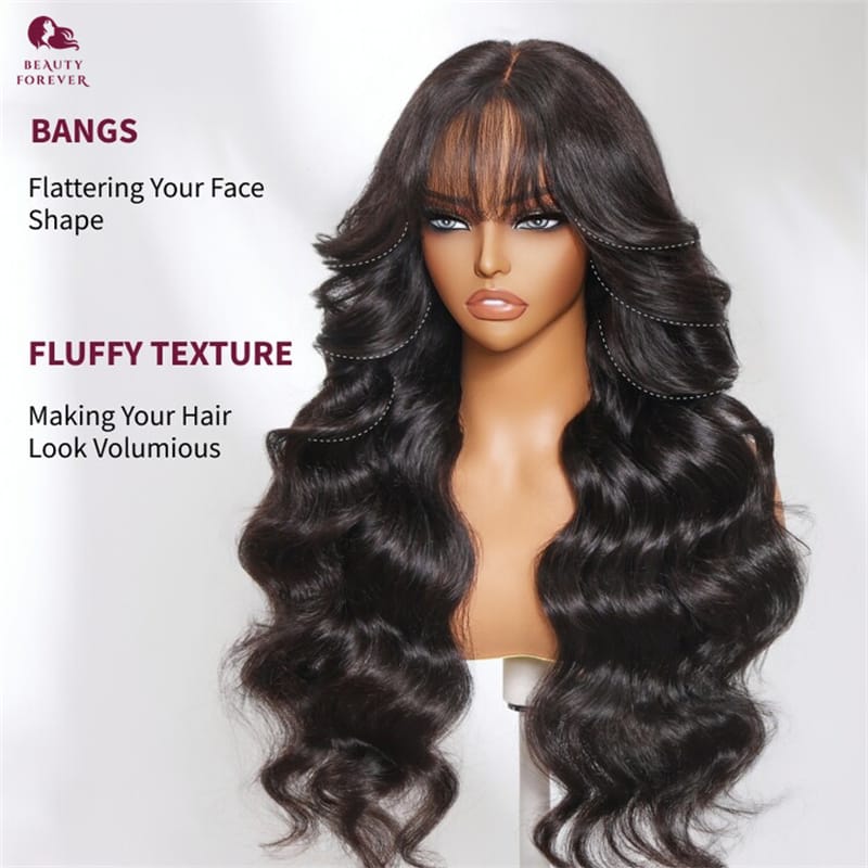 13x4, 4x4  fringe frontal Glueless Curtain Bangs Wig , Pre Everything Loose Wave Wigs semi Human Hair, Ready to Wear No Glue, 180% Density 24inch