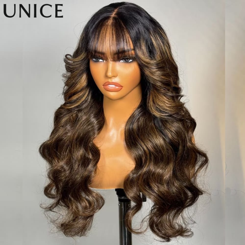 13x4, 4x4  fringe frontal Glueless Curtain Bangs Wig , Pre Everything Loose Wave Wigs semi Human Hair, Ready to Wear No Glue, 180% Density 24inch