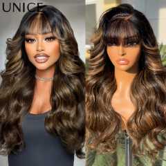 13x4, 4x4  fringe frontal Glueless pure human blend Curtain Bangs Wig , Pre Everything Loose Wave Wigs semi Human Hair, Ready to Wear No Glue, 180% Density 24inch