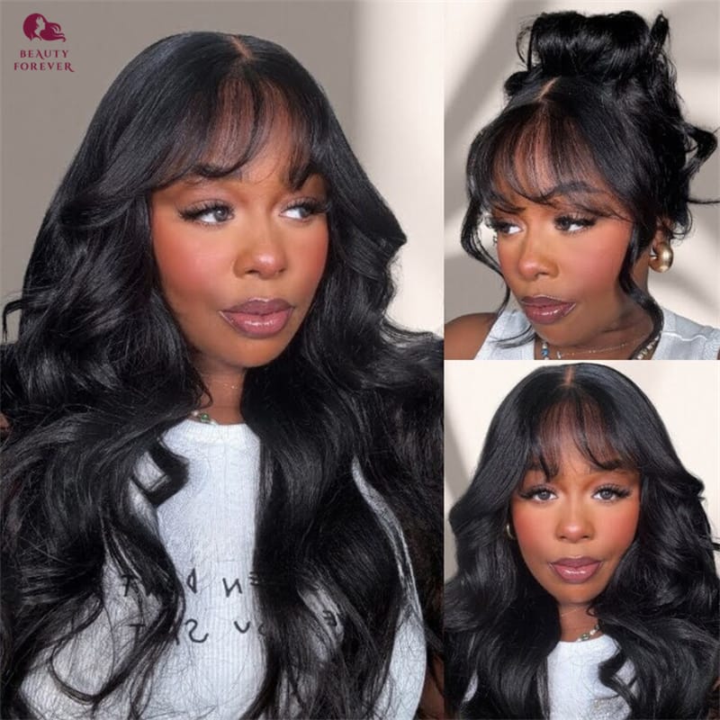 13x4, 4x4  fringe frontal Glueless Curtain Bangs Wig , Pre Everything Loose Wave Wigs semi Human Hair, Ready to Wear No Glue, 180% Density 24inch