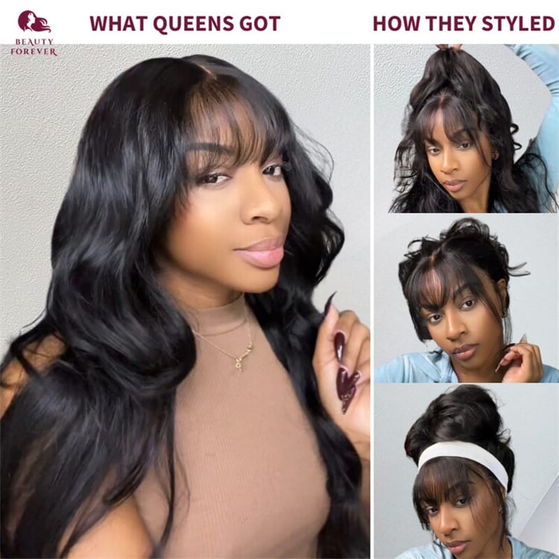 13x4, 4x4  fringe frontal Glueless Curtain Bangs Wig , Pre Everything Loose Wave Wigs semi Human Hair, Ready to Wear No Glue, 180% Density 24inch