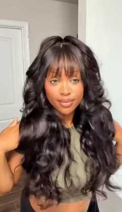 13x4, 4x4  fringe frontal Glueless pure human blend Curtain Bangs Wig , Pre Everything Loose Wave Wigs semi Human Hair, Ready to Wear No Glue, 180% Density 24inch