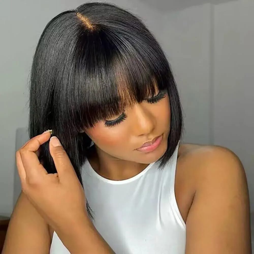 Black Short Bob Wig,Straight Black Bob Wig with bangs, 10 inch Straight Bob Bangs Wig for Women Natural Looking for Daily Use