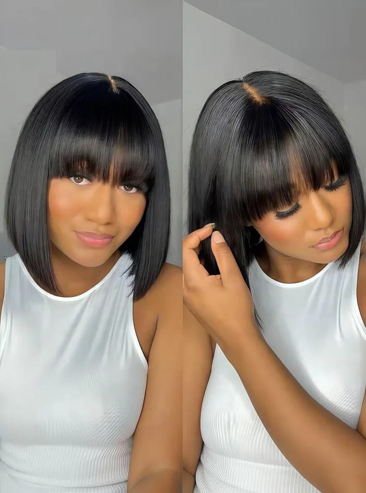 Black Short Bob Wig,Straight Black Bob Wig with bangs, 10 inch Straight Bob Bangs Wig for Women Natural Looking for Daily Use