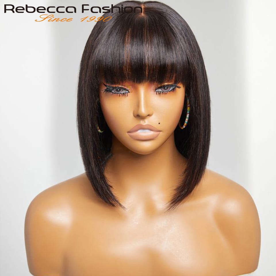 Black Short Bob Wig,Straight Black Bob Wig with bangs, 10 inch Straight Bob Bangs Wig for Women Natural Looking for Daily Use