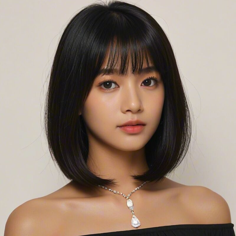 Black Short Bob Wig,Straight Black Bob Wig with bangs, 10 inch Straight Bob Bangs Wig for Women Natural Looking for Daily Use
