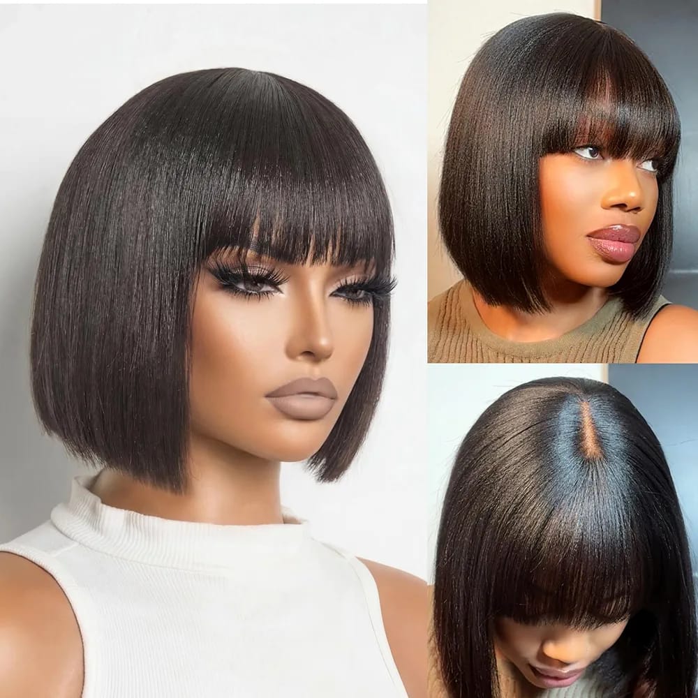 Black Short Bob Wig,Straight Black Bob Wig with bangs, 10 inch Straight Bob Bangs Wig for Women Natural Looking for Daily Use