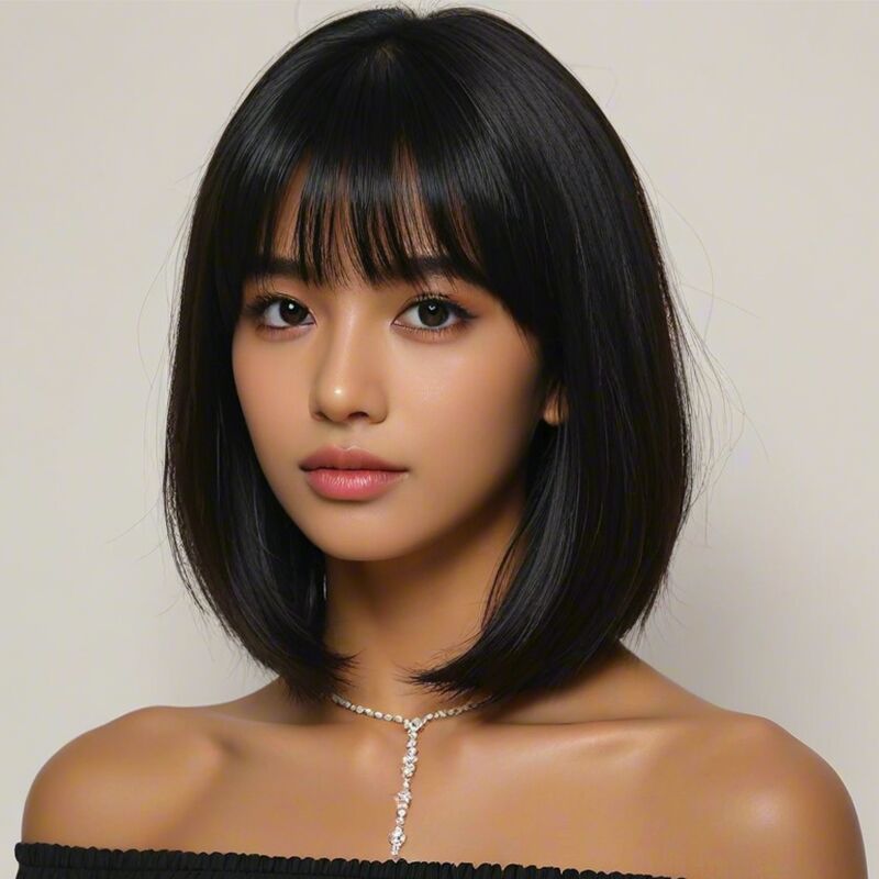 Black Short Bob Wig,Straight Black Bob Wig with bangs, 10 inch Straight Bob Bangs Wig for Women Natural Looking for Daily Use