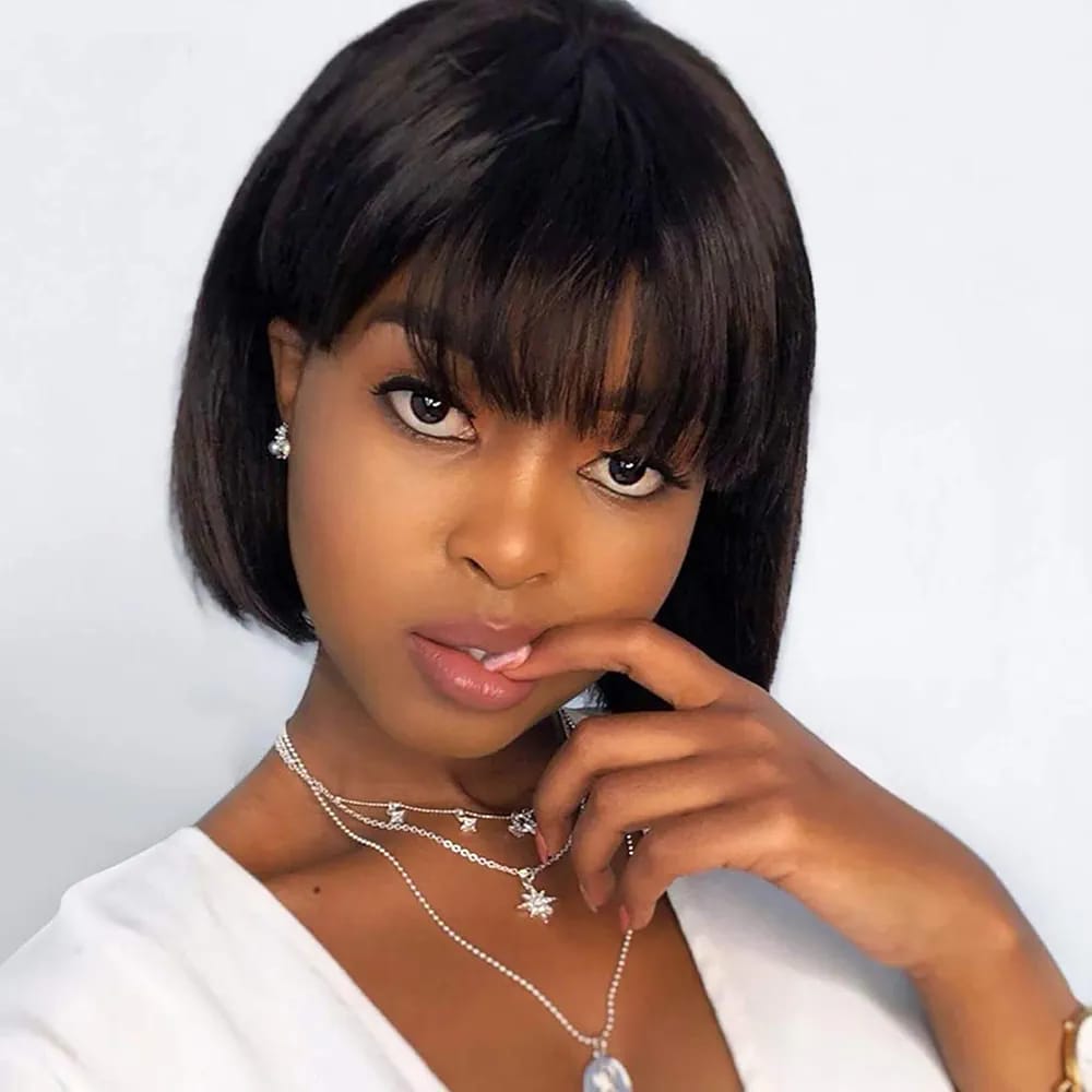 Black Short Bob Wig,Straight Black Bob Wig with bangs, 10 inch Straight Bob Bangs Wig for Women Natural Looking for Daily Use