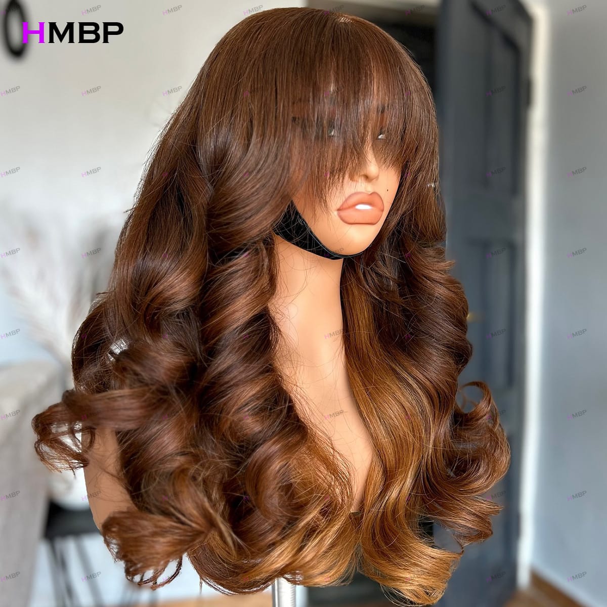 frontal, human blend bodywave 2\27 with Bangs Wig with Drawstring,  PrePlucked, Ready to Wear No Glue, 180% Density 24inch