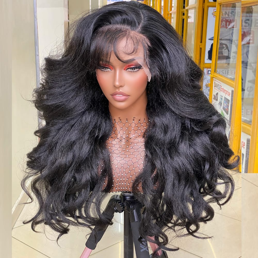 frontal 13x 4 , glueless bodywave human hair blend, semi human wigs for black women
