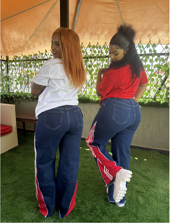 Side Striped Jeans Women's 2024 Autumn New Style Personalized Design Sense Three-Bar Color-matching Wide-leg Trendy Pants