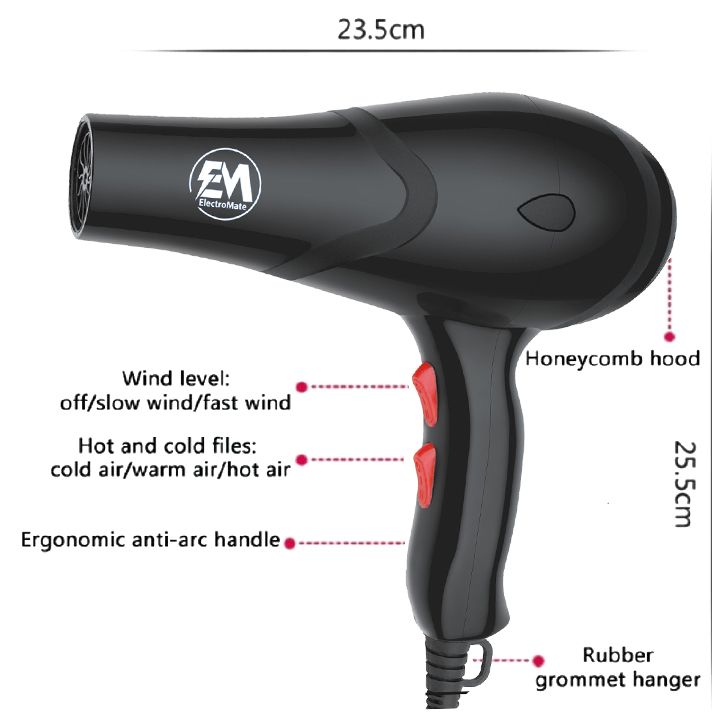 ElectroMate Blow Dryer Hair Blower 1500W with 3 Speed & 2 Temperature Settings – Includes 1 Styling Nozzle & 2 Comb Attachments for Versatile Hair Styling