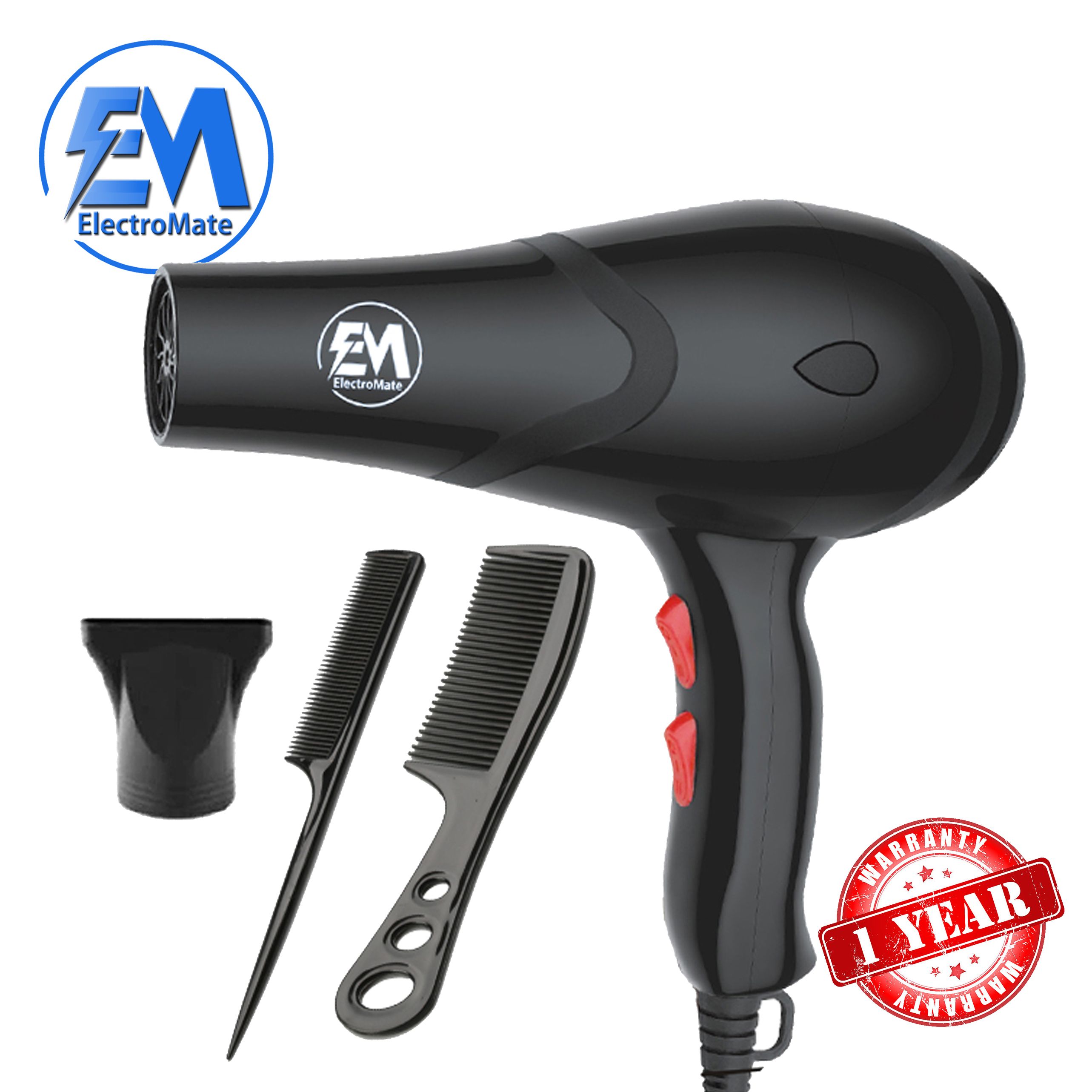 ElectroMate Blow Dryer Hair Blower 1500W with 3 Speed & 2 Temperature Settings – Includes 1 Styling Nozzle & 2 Comb Attachments for Versatile Hair Styling