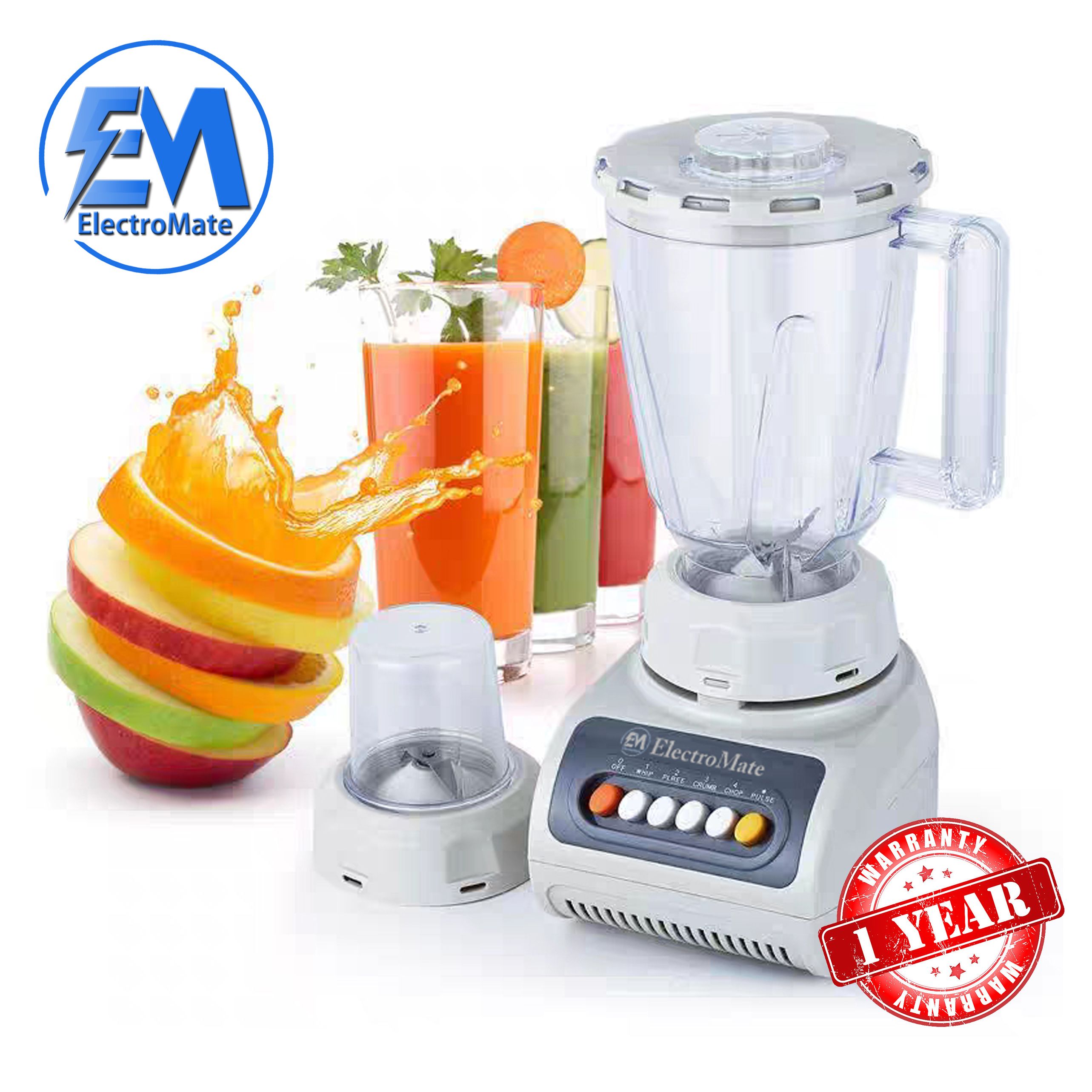 Blender 2-in-1 ElectroMate 1.5L Blender Classic Juicer & Grinder with Multifunctional Jug, Bottle, and Garlic Processor