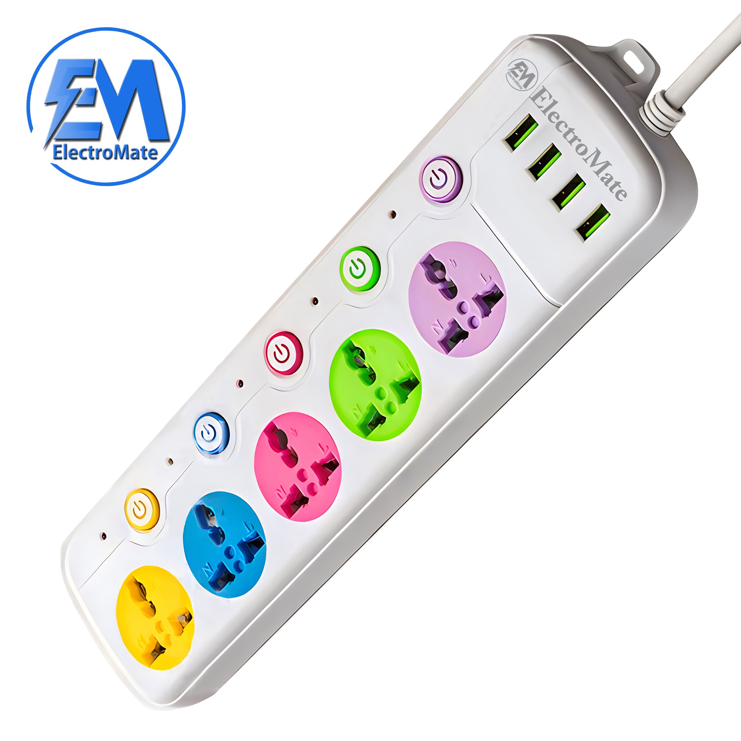 ElectroMate Power Cable Electric Power Extension with USB Ports, 5-Way Sockets, 4 USB Ports, and Independent Switches – For Home & Office Use