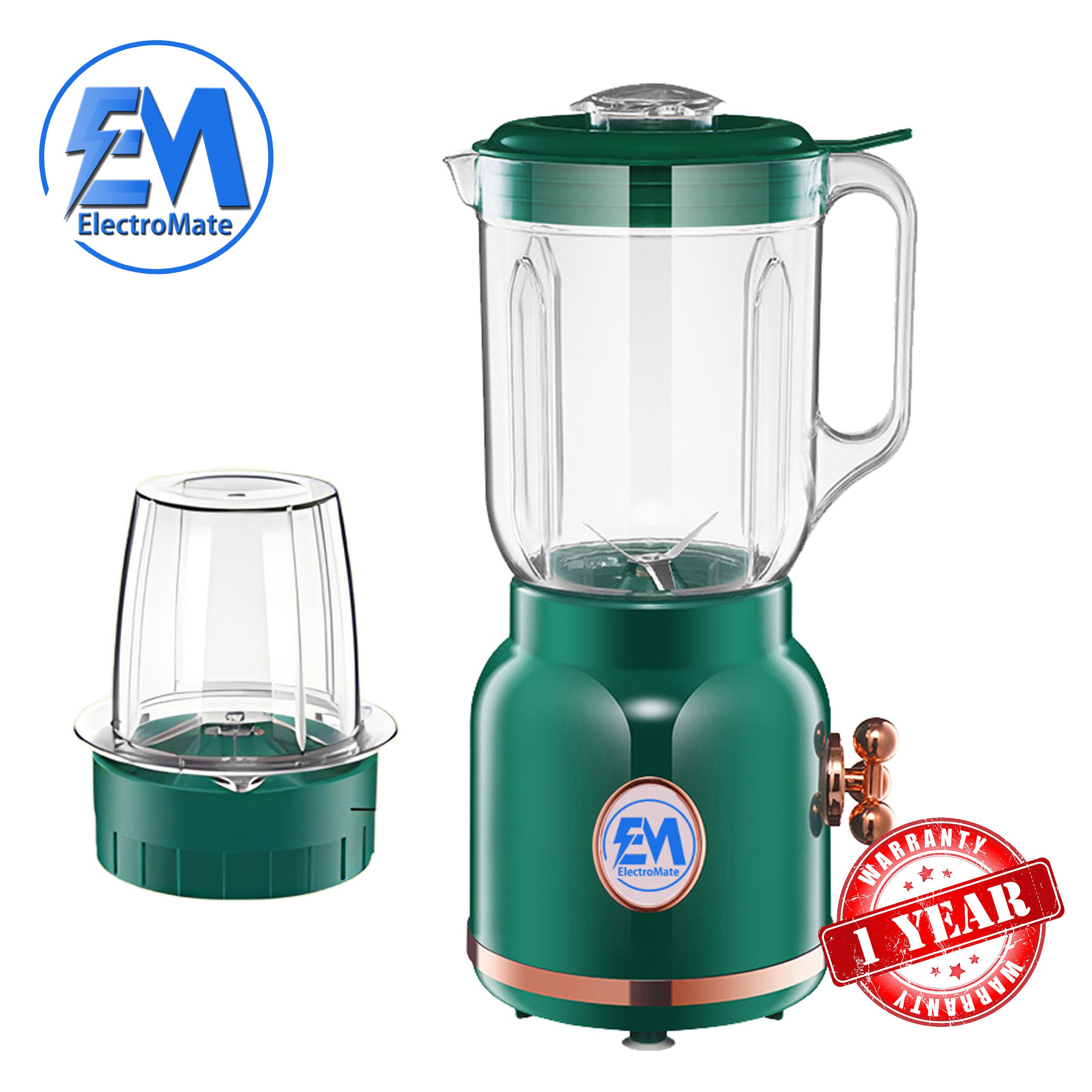 Blender 2-in-1 Electromate 1.5L Blender Elegant Multifunctional Juicer & Grinder with Jug, Coffee/Garlic Chopper