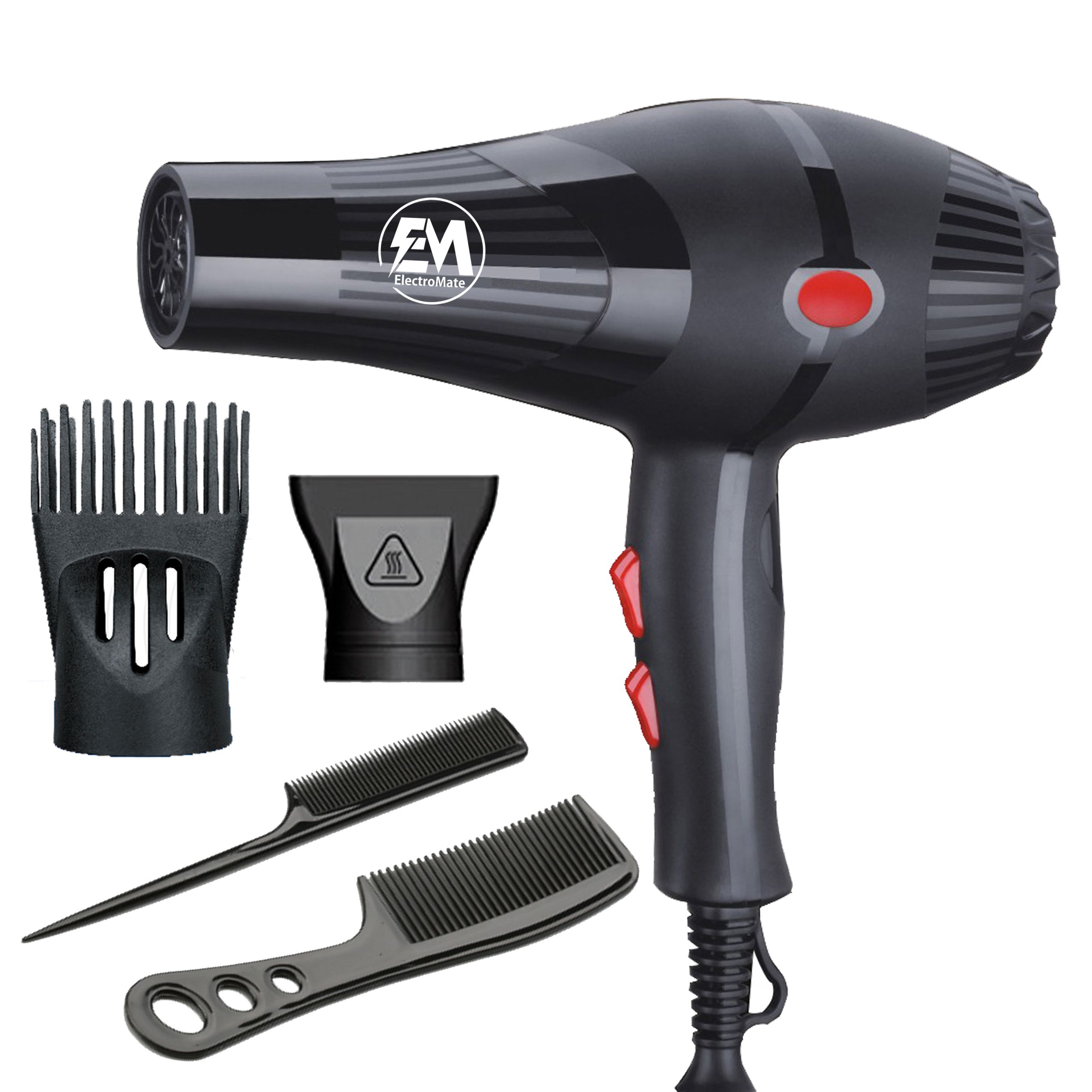 ElectroMate Blow Dryer Hair Blower 2200W with 3 Speed & 2 Temperature Settings – Includes 2 Styling Nozzle & 2 Comb Attachments for Versatile Hair Styling