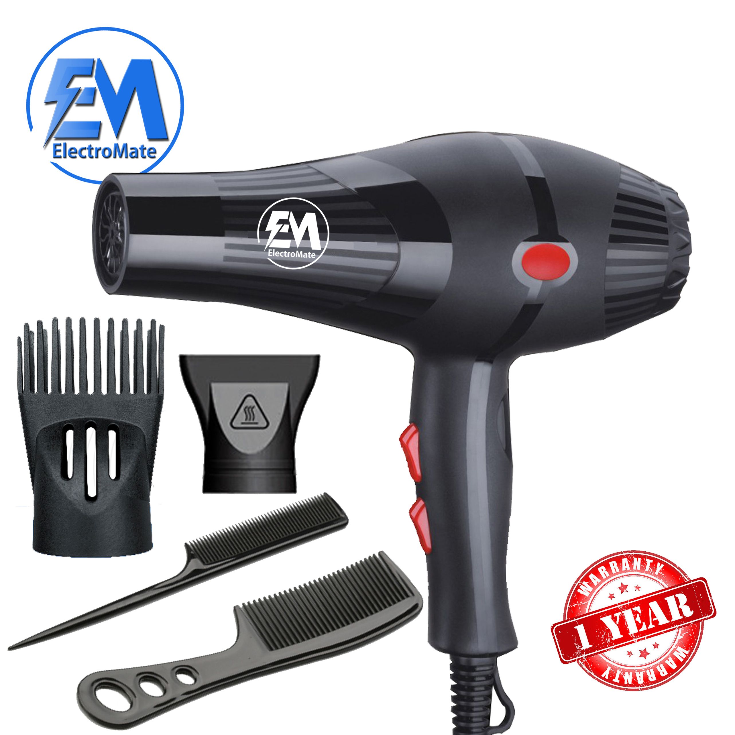 ElectroMate Blow Dryer Hair Blower 2200W with 3 Speed & 2 Temperature Settings – Includes 2 Styling Nozzle & 2 Comb Attachments for Versatile Hair Styling