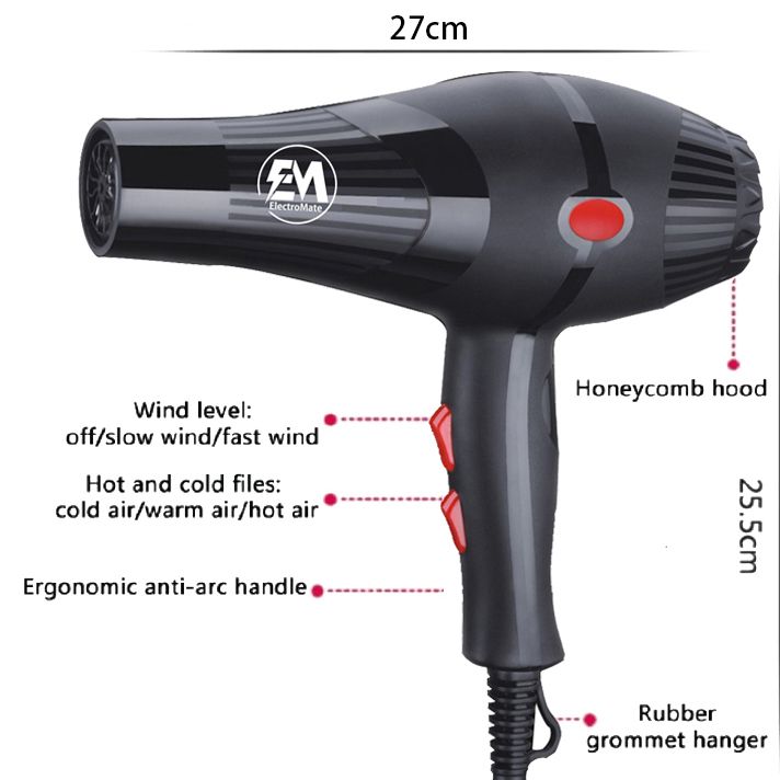 ElectroMate Blow Dryer Hair Blower 2200W with 3 Speed & 2 Temperature Settings – Includes 2 Styling Nozzle & 2 Comb Attachments for Versatile Hair Styling