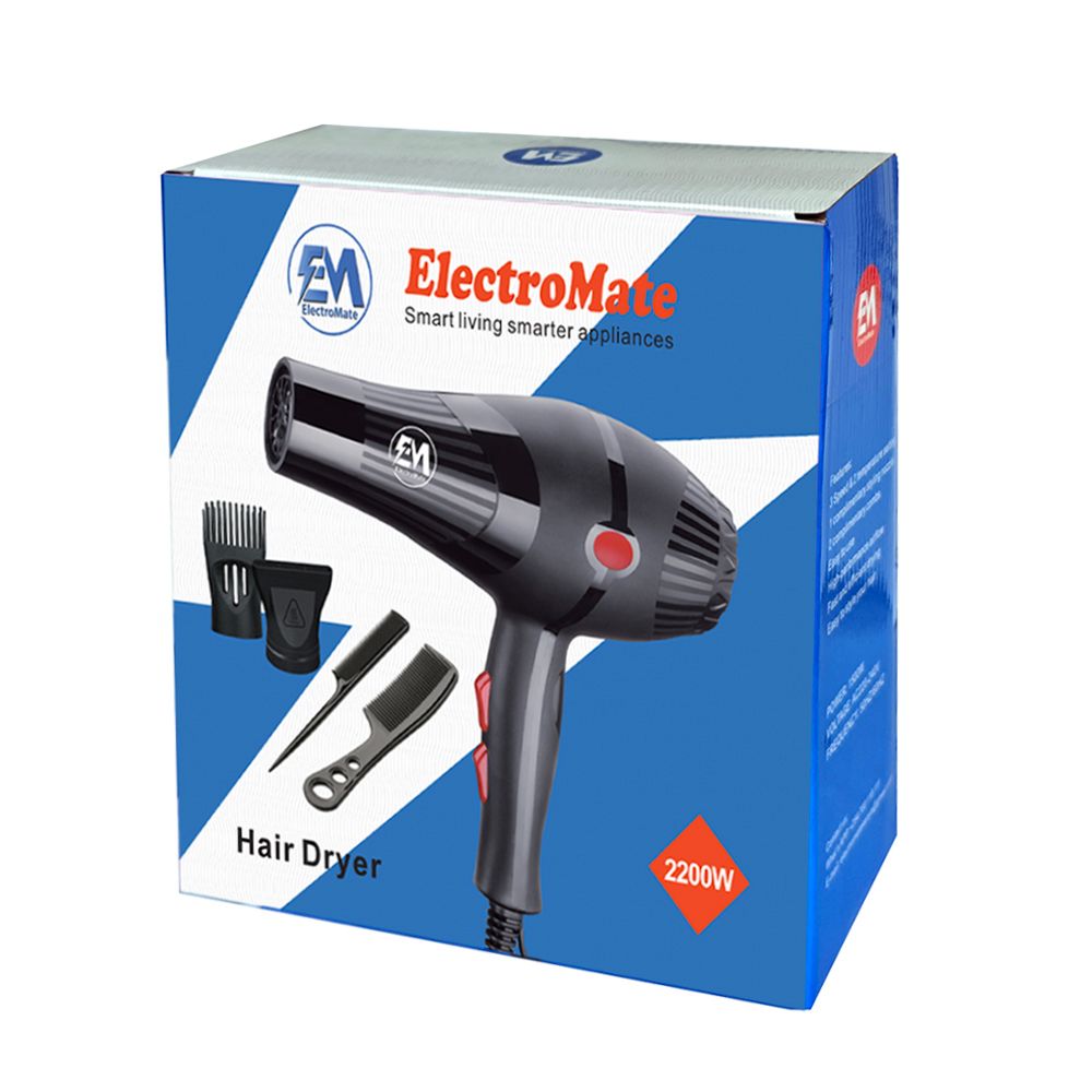 ElectroMate Blow Dryer Hair Blower 2200W with 3 Speed & 2 Temperature Settings – Includes 2 Styling Nozzle & 2 Comb Attachments for Versatile Hair Styling