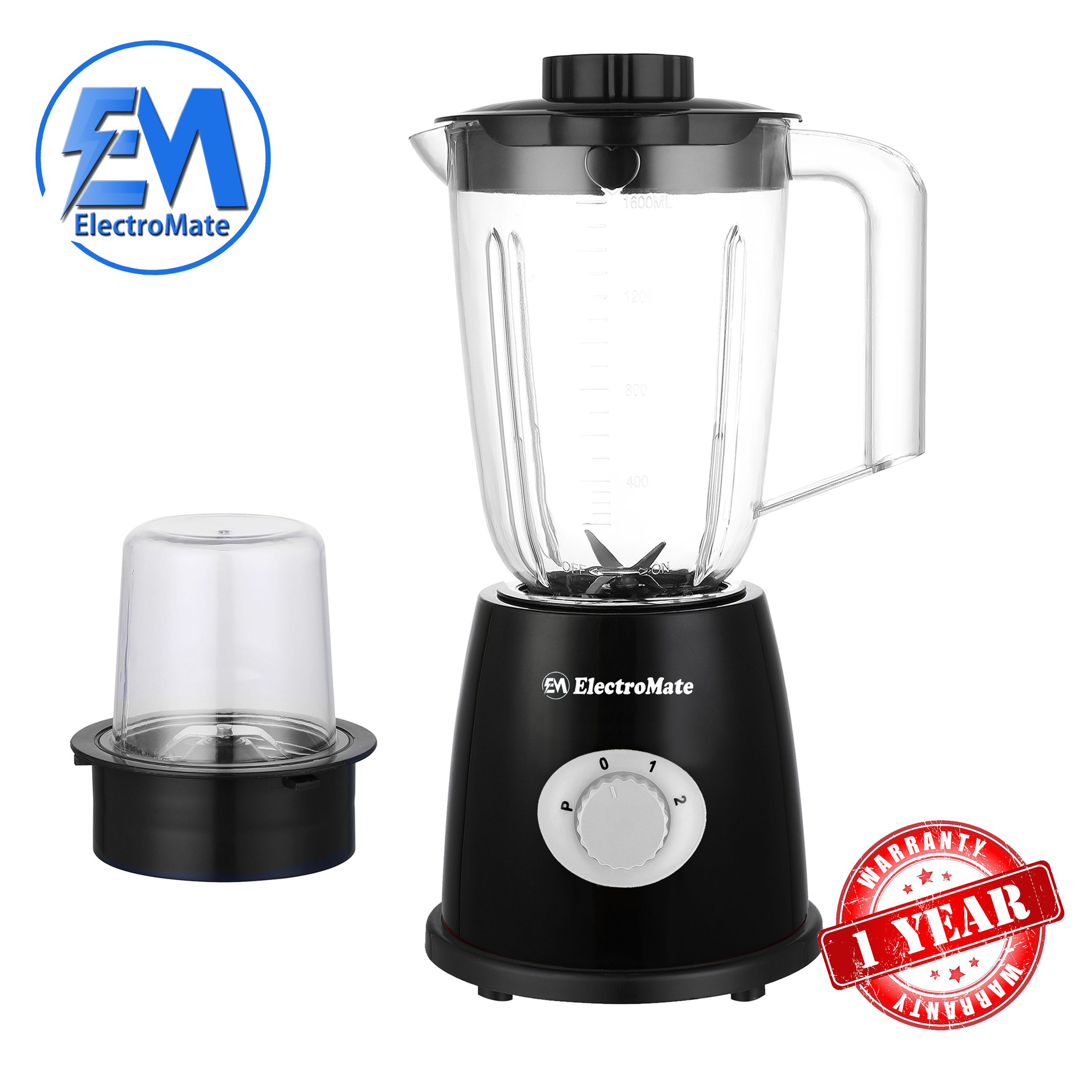EM Blender 2-in-1 ElectroMate 1.6L Blender Classic Juicer & Grinder with Multifunctional Jug, Bottle, and Garlic Processor