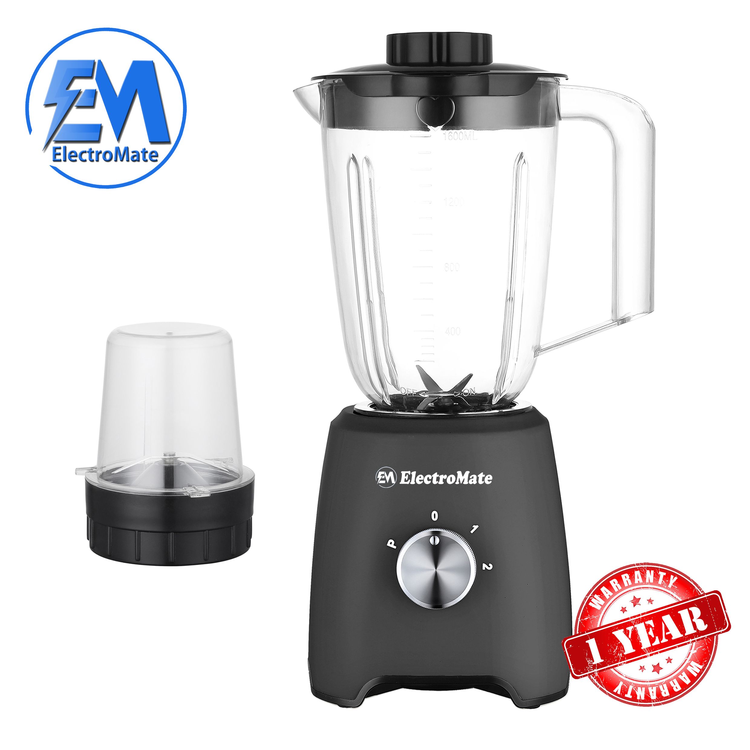 EM Blender 2-in-1 ElectroMate 1.6L Blender Classic Juicer & Grinder with Multifunctional Jug, Bottle, and Garlic Processor ElectroMate