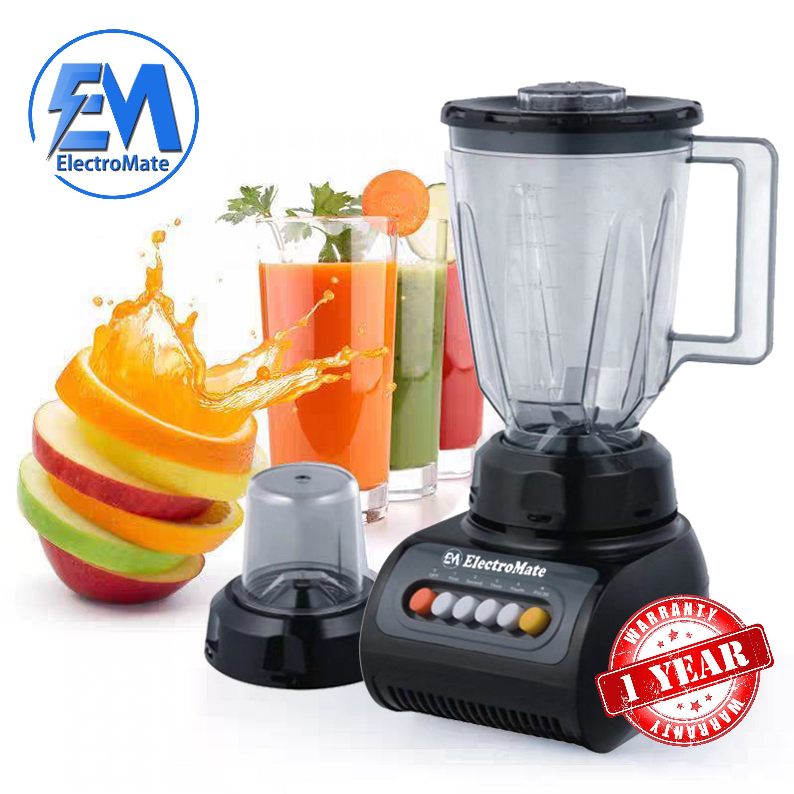 Blender 2-in-1 ElectroMate 1.5L Blender Classic Juicer & Grinder with Multifunctional Jug, Bottle, and Garlic Processor