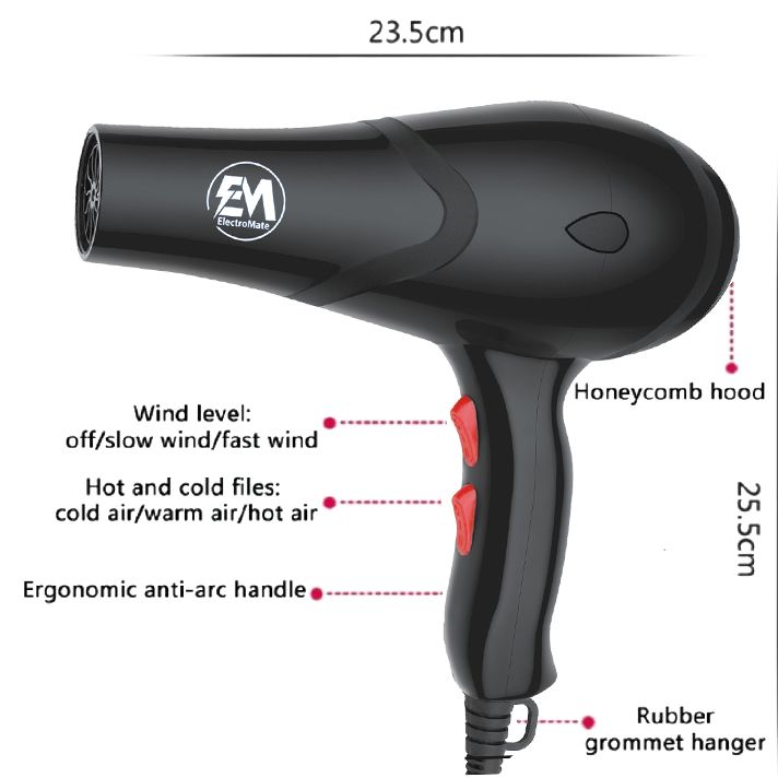 EM  Blow Dryer Hair Blower 2200W with 3 Speed & 2 Temperature Settings – Includes 2 Styling Nozzle & 2 Comb Attachments for Versatile Hair Styling